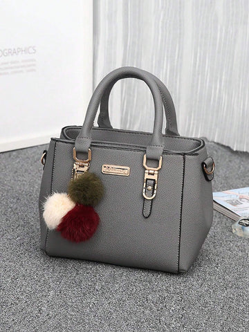 Waterproof,Lightweight,Business Casual Fuzzy Pompom Metal Decor Square Bag