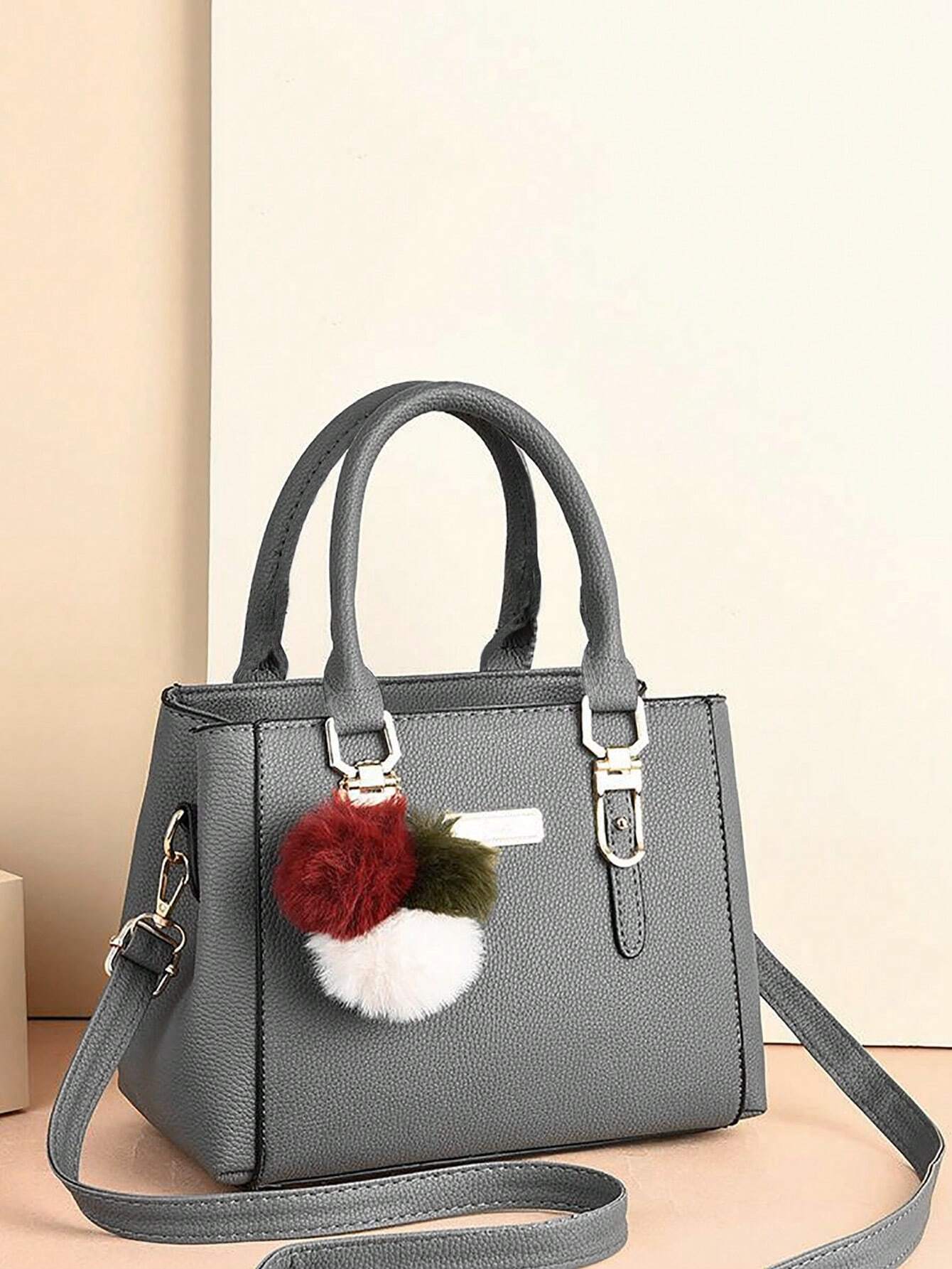 Waterproof,Lightweight,Business Casual Fuzzy Pompom Metal Decor Square Bag