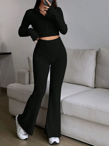 EZwear Spring ClothesWomen's Two Piece Set With Ribbed Long Sleeve Top And Flared Pants