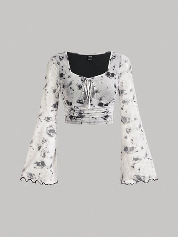 MOD Tie Dye Knot Front Flounce Sleeve Crop Top