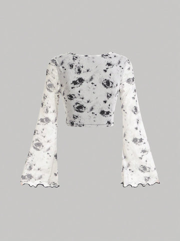 MOD Tie Dye Knot Front Flounce Sleeve Crop Top