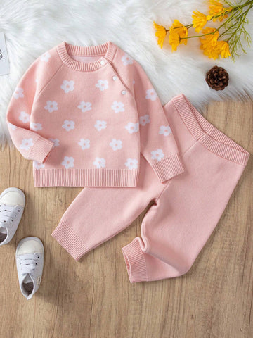 Baby Girl Floral Pattern Raglan Sleeve Sweater & Knit Pants