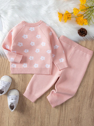 Baby Girl Floral Pattern Raglan Sleeve Sweater & Knit Pants