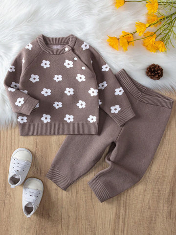 Baby Girl Floral Pattern Raglan Sleeve Sweater & Knit Pants