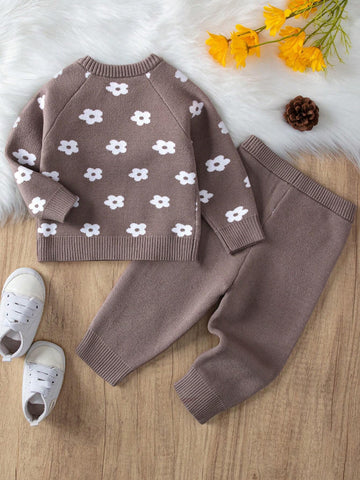 Baby Girl Floral Pattern Raglan Sleeve Sweater & Knit Pants