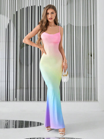 Privé Ombre Draped Collar Mermaid Hem Cami Dress