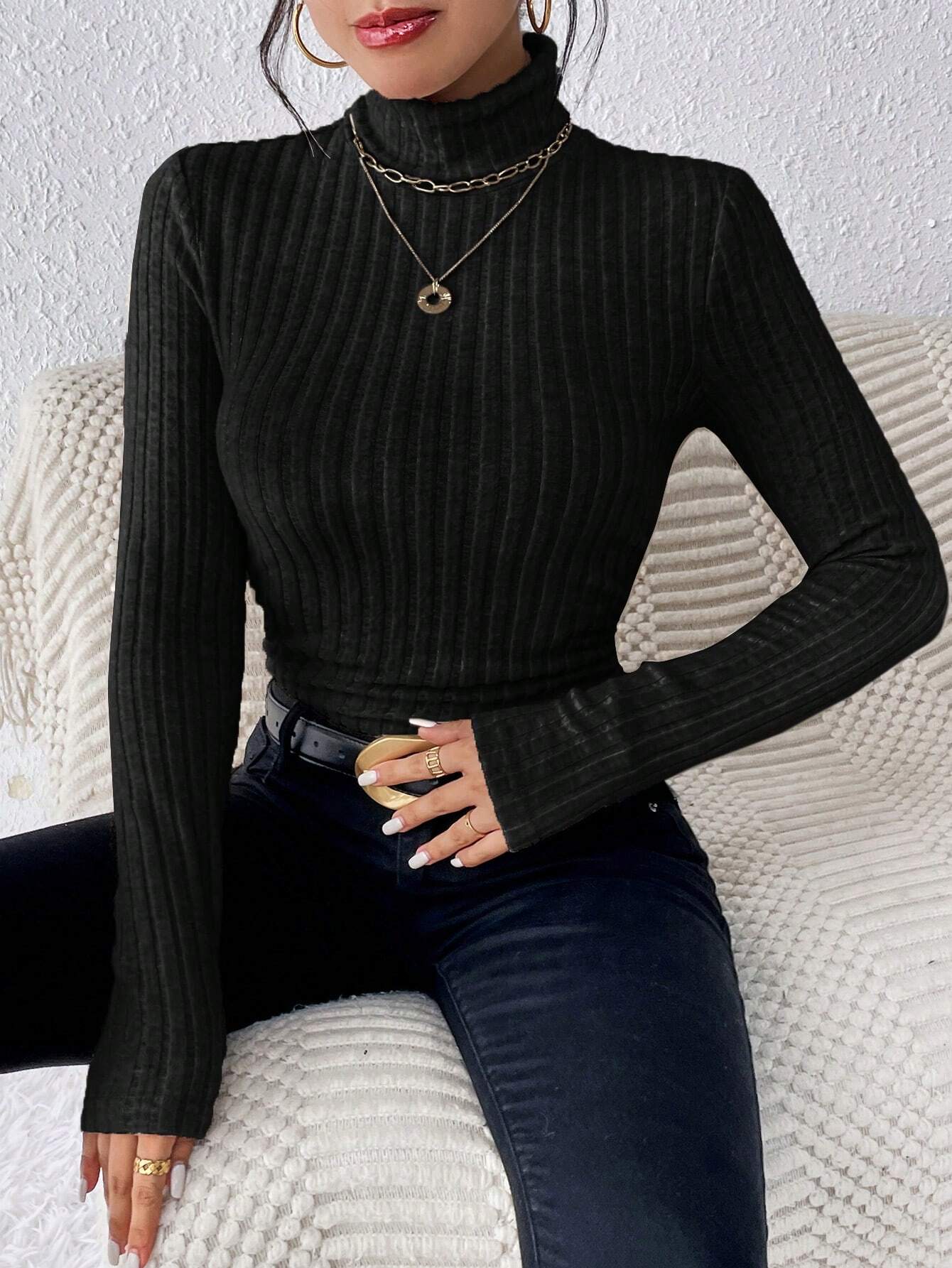 Frenchy Women's High Neck Ribbed Knit Long Sleeve T-Shirt