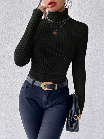 Frenchy Women's High Neck Ribbed Knit Long Sleeve T-Shirt