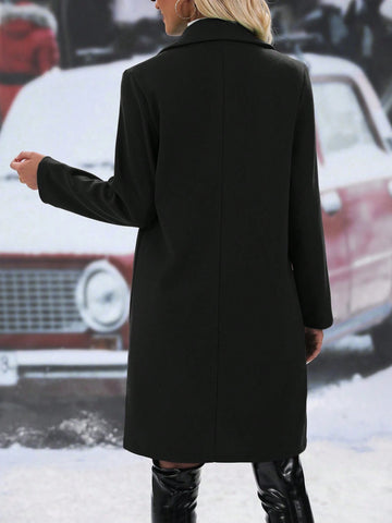 Relaxiva Solid Color Double-breasted Mid-length Woolen Coat