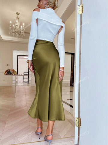 Sollinarry High Waist Solid Satin Skirt