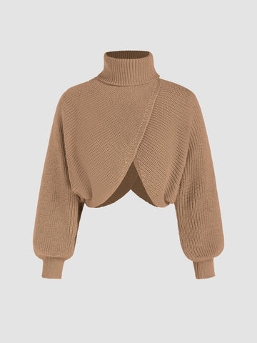 High Neck Solid Knitted Long Sleeve Crop Sweater