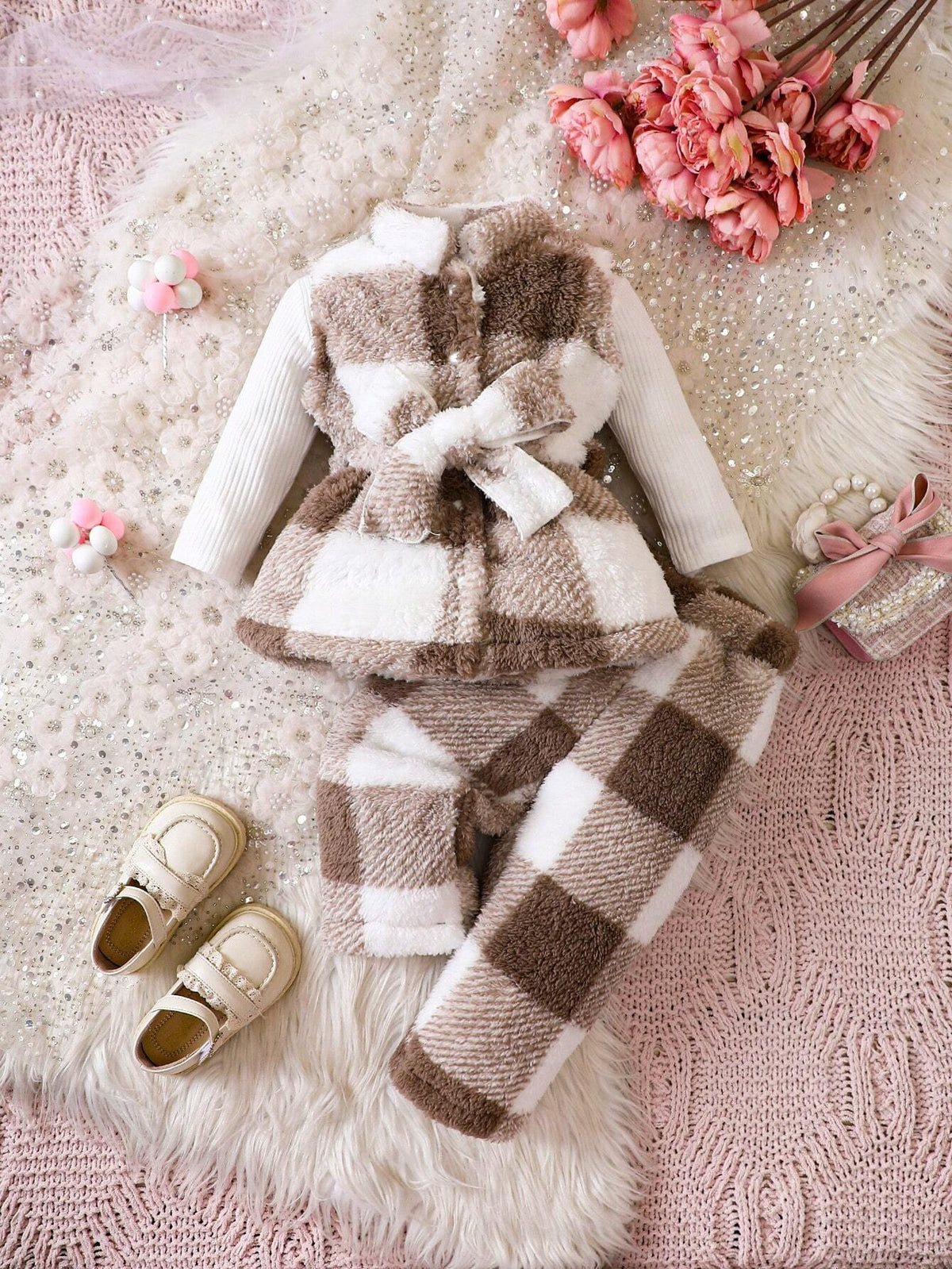 Baby Girl Buffalo Plaid Print Belted Teddy Coat & Pants Without Tee