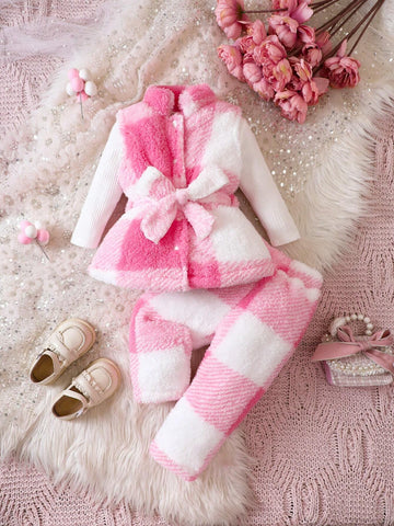 Baby Girl Buffalo Plaid Print Belted Teddy Coat & Pants Without Tee