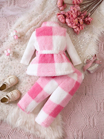 Baby Girl Buffalo Plaid Print Belted Teddy Coat & Pants Without Tee