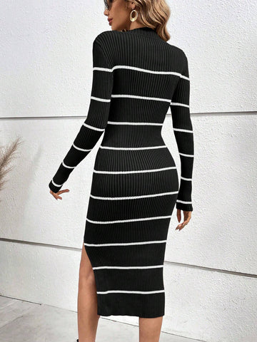 Raffinéa Striped Pattern Split Thigh Sweater Dress