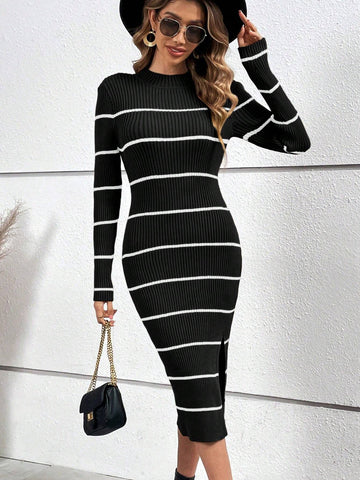 Raffinéa Striped Pattern Split Thigh Sweater Dress