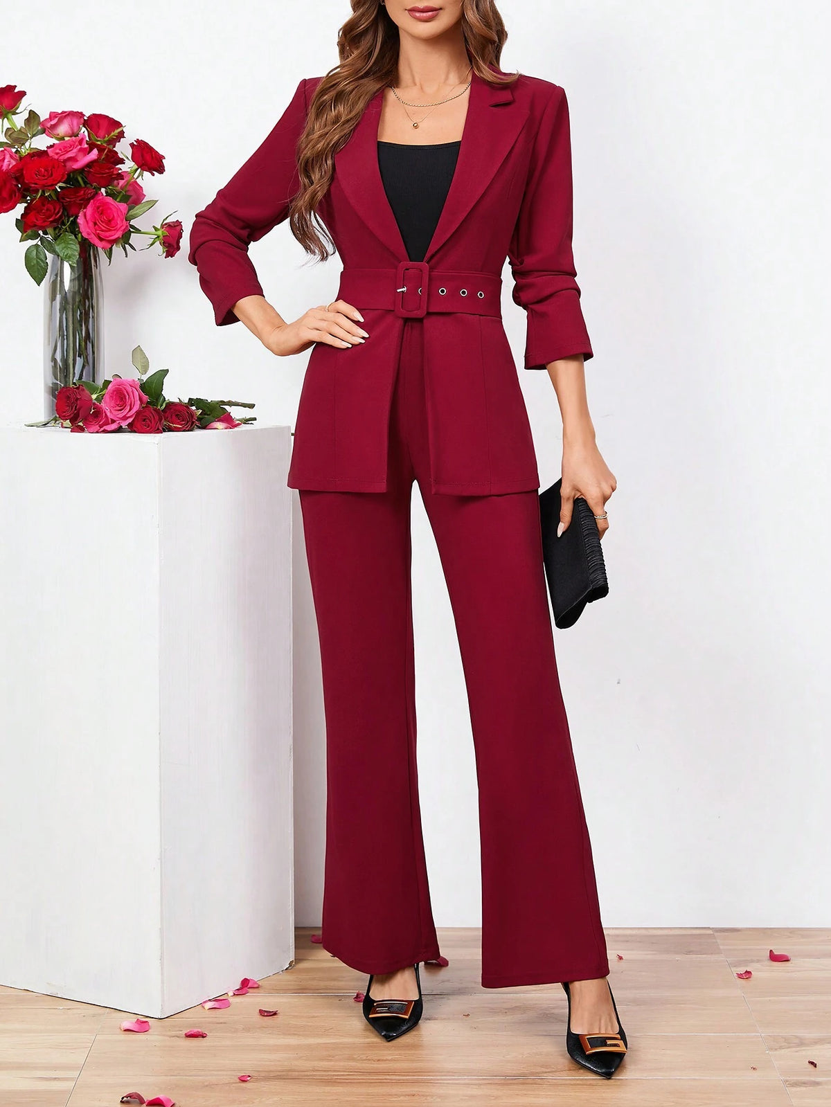 Clasi Ladies Belted Three-quarter Sleeve Suit With Pleats