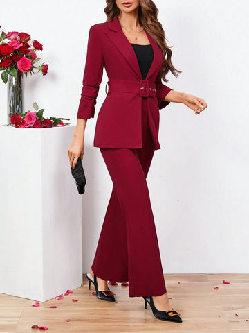 Clasi Ladies Belted Three-quarter Sleeve Suit With Pleats