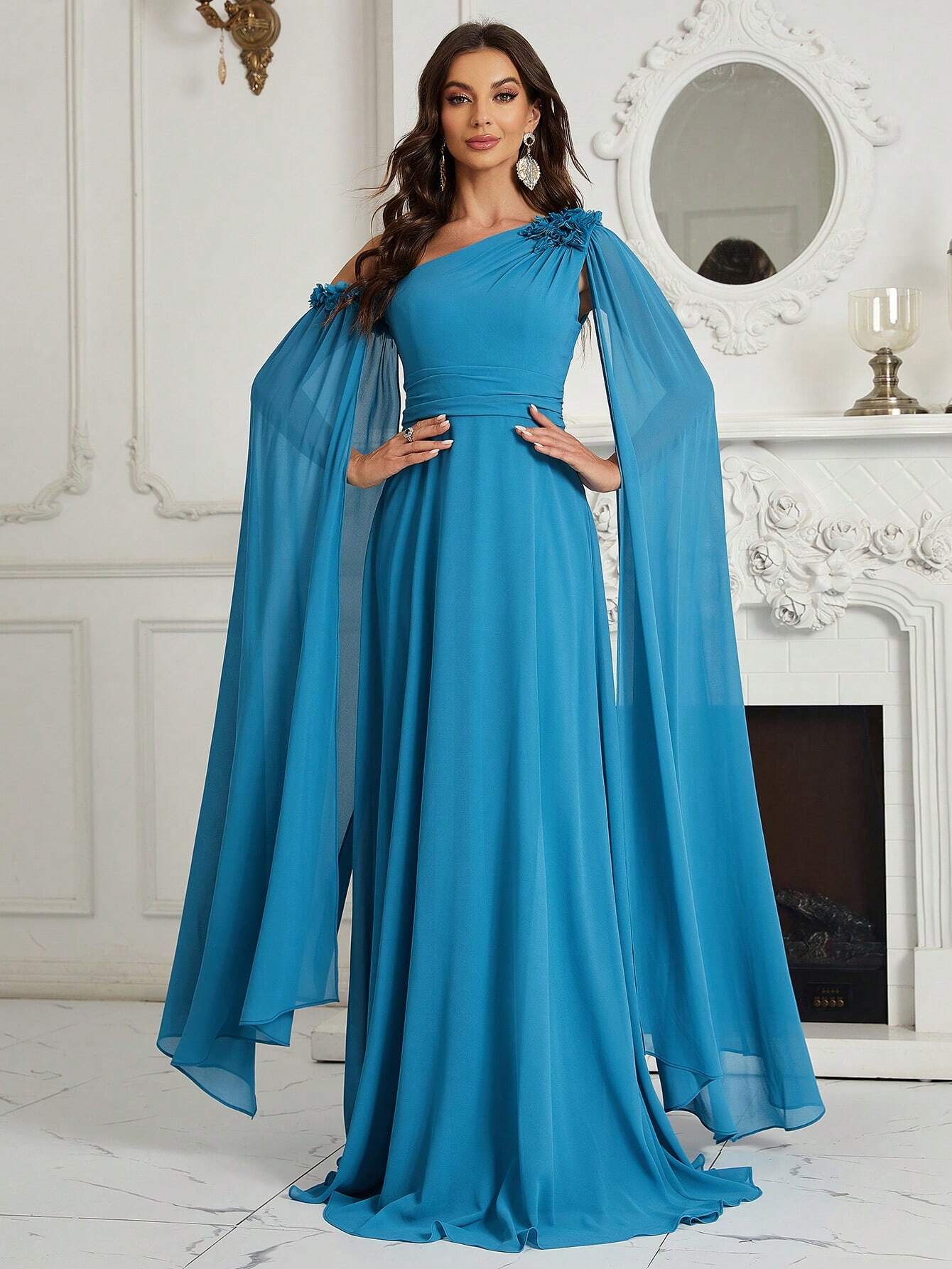 Belle 3D Flower, Chiffon, Asymmetrical Neck Bridesmaid Dress With Graceful Sleeves