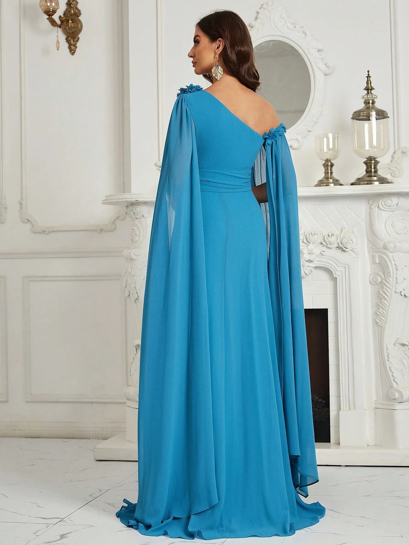 Belle 3D Flower, Chiffon, Asymmetrical Neck Bridesmaid Dress With Graceful Sleeves