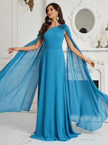 Belle 3D Flower, Chiffon, Asymmetrical Neck Bridesmaid Dress With Graceful Sleeves