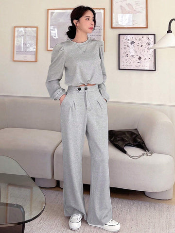 DAZY Solid Puff Sleeve Pullover & Plicated Detail Pants