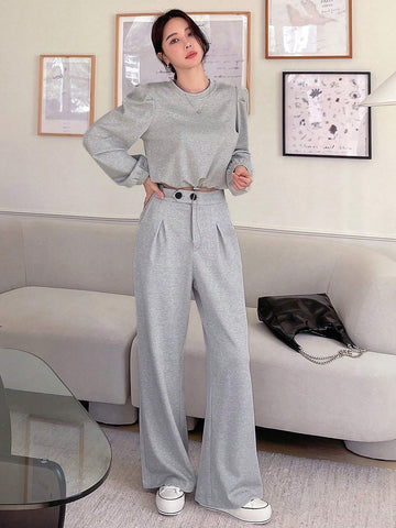 DAZY Solid Puff Sleeve Pullover & Plicated Detail Pants