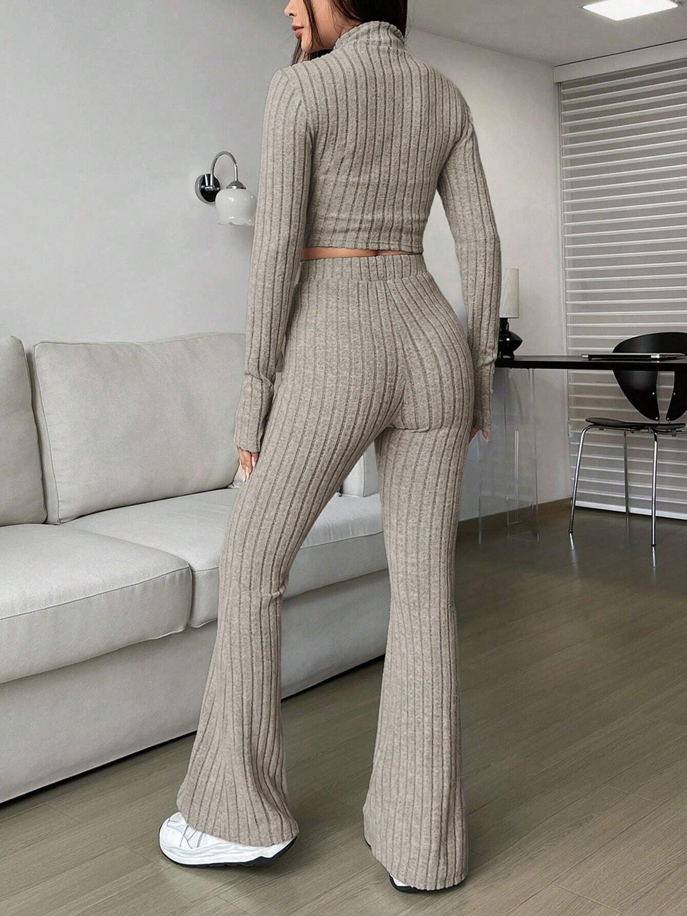 EZwear Spring ClothesWomen's Two Piece Set With Ribbed Long Sleeve Top And Flared Pants