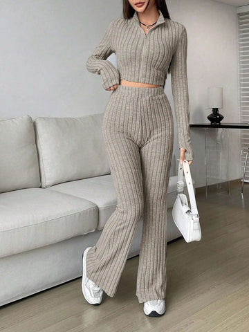 EZwear Spring ClothesWomen's Two Piece Set With Ribbed Long Sleeve Top And Flared Pants