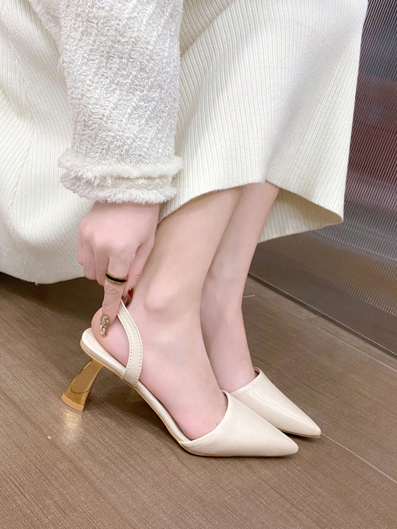 Women Minimalist Slingback Pumps, Point Toe Sculptural Heeled Fashion Pumps