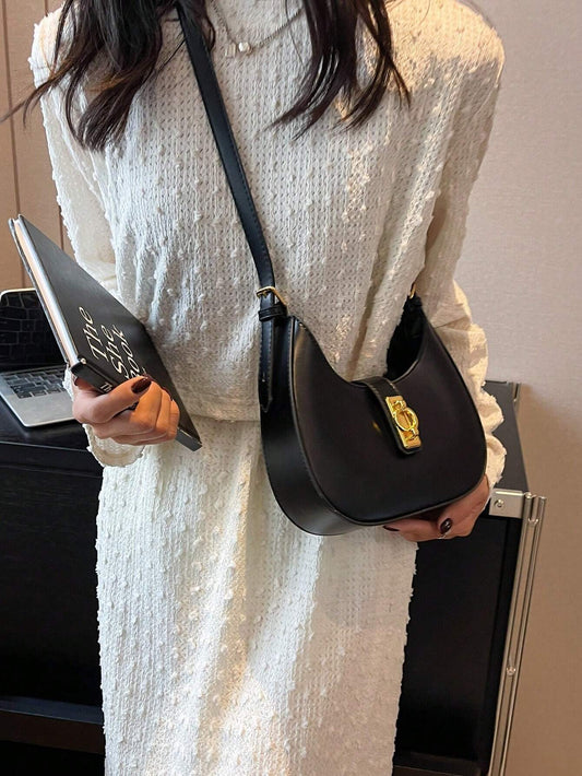 1PC black buckle single shoulder bag underarm crescent bag with long shoulder strap zipper crossbody bag