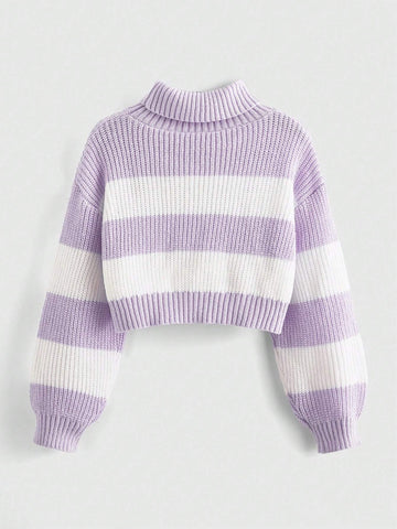 ROMWE Kawaii High Neck Striped Drop Shoulder Sweater With Moon Embroidery