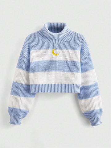 ROMWE Kawaii High Neck Striped Drop Shoulder Sweater With Moon Embroidery