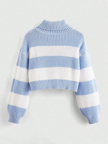 ROMWE Kawaii High Neck Striped Drop Shoulder Sweater With Moon Embroidery