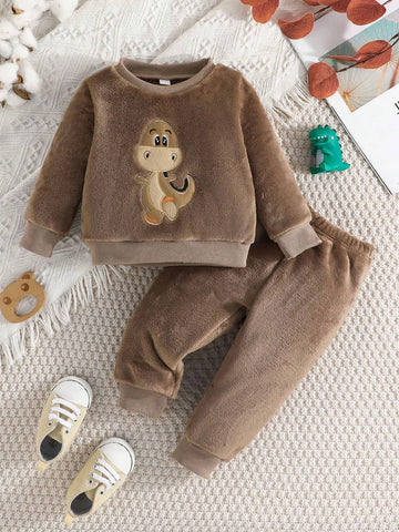 Baby Boy Dinosaur Embroidery Flannel Sweatshirt & Pants