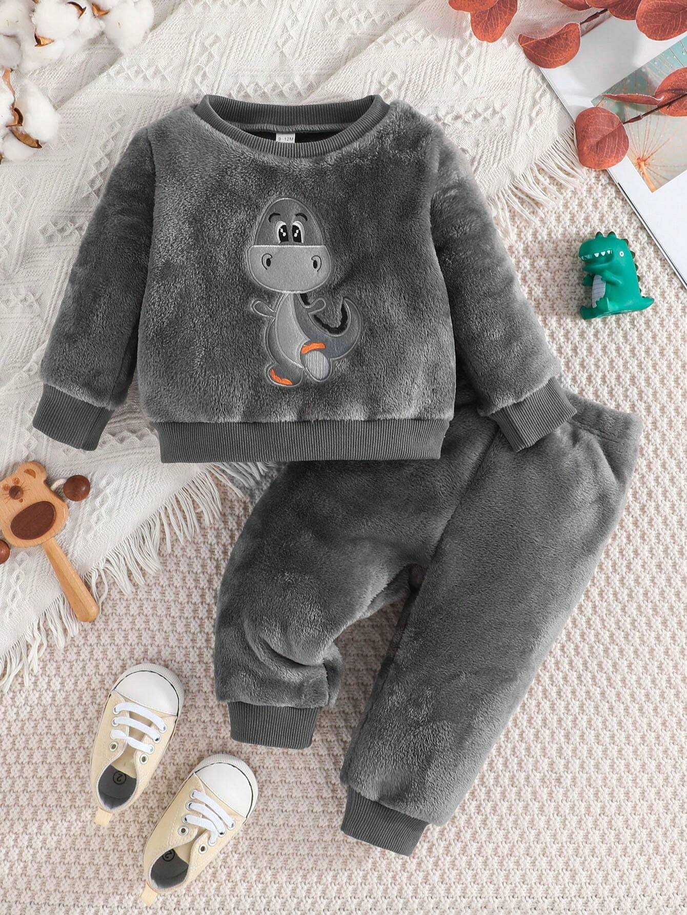 Baby Boy Dinosaur Embroidery Flannel Sweatshirt & Pants