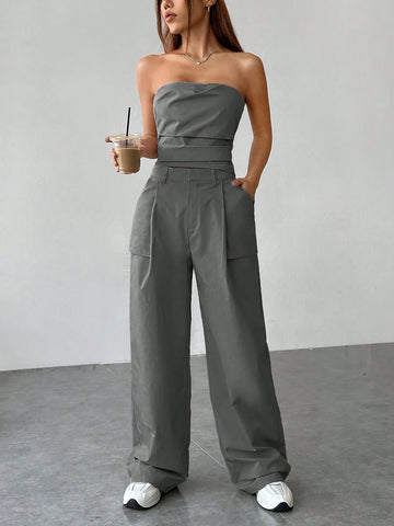 EZwear Leisure Style Solid Color Strapless Top And Flat Front Pants