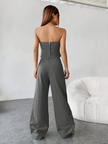 EZwear Leisure Style Solid Color Strapless Top And Flat Front Pants