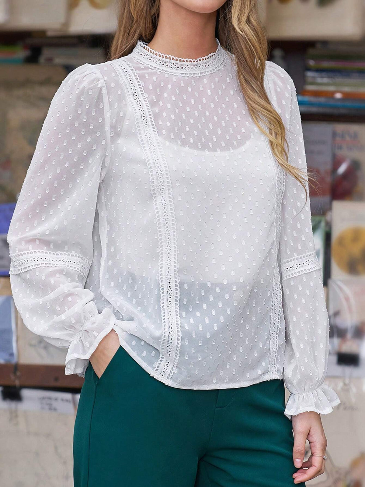 Frenchy Lace Patchwork Ruffle Sleeve Blouse