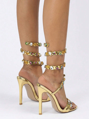 Luxury Gold Rhinestone Studs Women's Stiletto High Heels Sandals