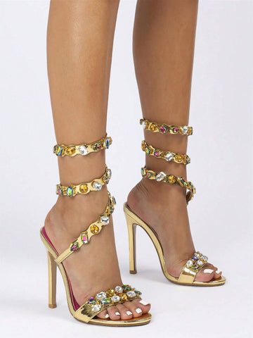 Luxury Gold Rhinestone Studs Women's Stiletto High Heels Sandals