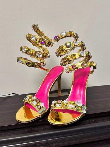 Luxury Gold Rhinestone Studs Women's Stiletto High Heels Sandals