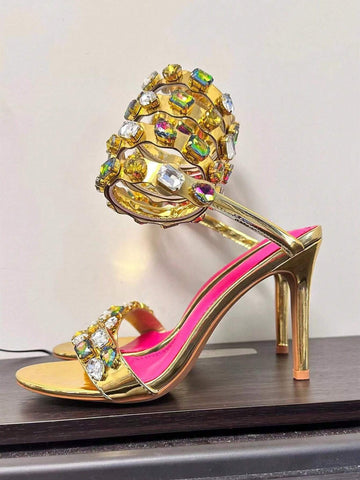 Luxury Gold Rhinestone Studs Women's Stiletto High Heels Sandals