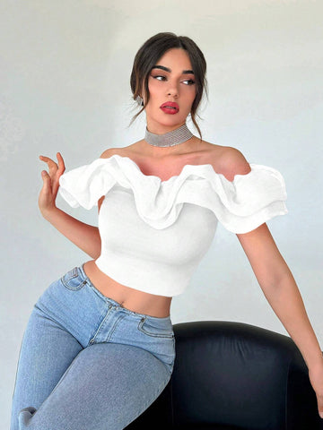 Aloruh Women's Exaggerated Off Shoulder Cropped Top