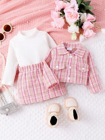 3pcs Baby Girl Set: Plaid Woolen Outerwear, Skirt, And Ribbed Knit T-Shirt