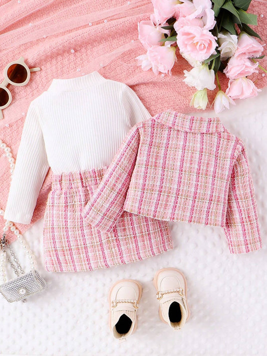 3pcs Baby Girl Set: Plaid Woolen Outerwear, Skirt, And Ribbed Knit T-Shirt