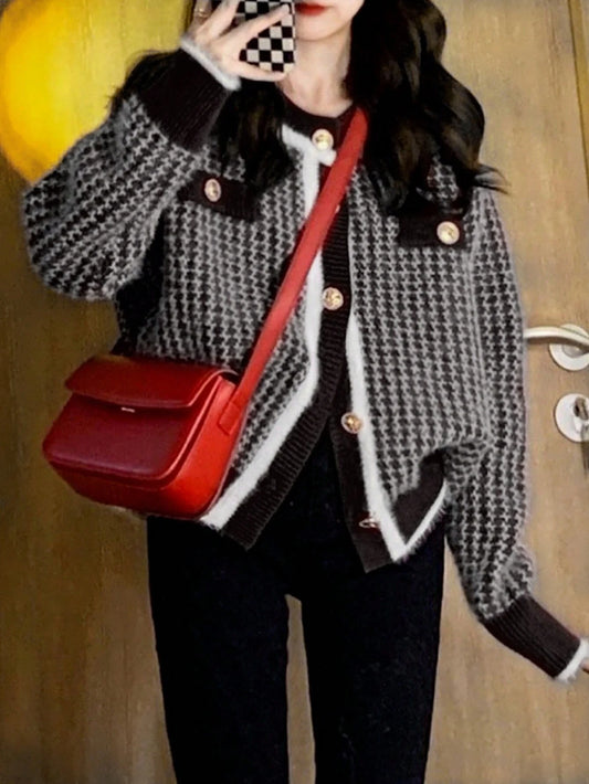 Casual Checkered Button Front Cardigan