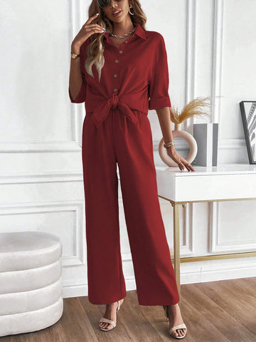 LUNE Solid Button Front Shirt & Wide Leg Pants