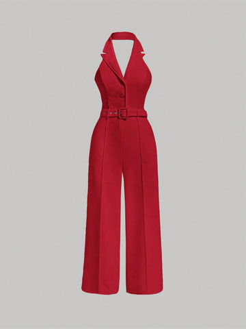 MOD Ladies' Solid Color Halter Neck Jumpsuit