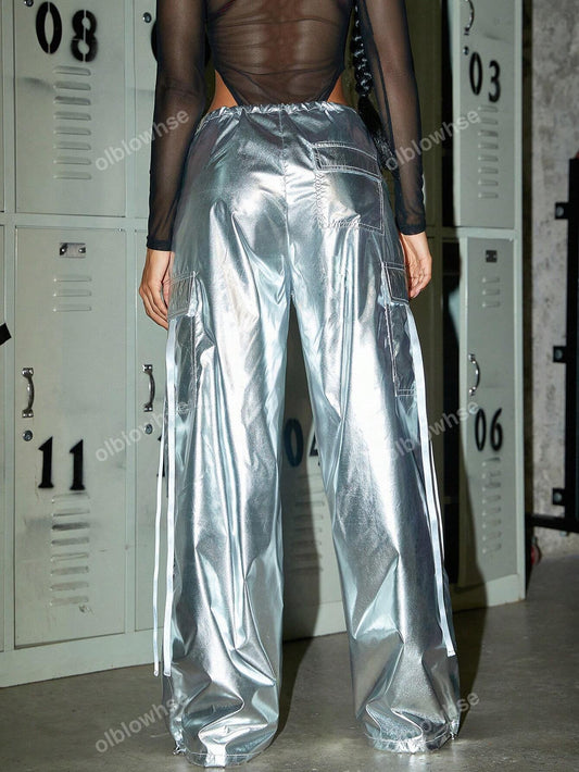 Rave Metallic Silver Drawstring High Waist Flap Pocket With Strap Ruched Detail Cargo Parachute Pants